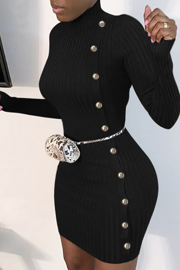 Black Casual Solid Buttons Turtleneck Pencil Skirt Dresses