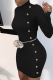 Black Casual Solid Buttons Turtleneck Pencil Skirt Dresses
