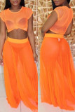 Orange Fashion Sexy Solid See-through O Neck Short Sleeve Two Pieces