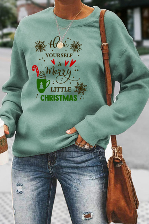 Light Green Casual Letter Print Patchwork O Neck Tops