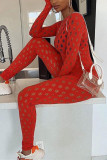 Red Fashion Sexy Solid Hollowed Out See-through Turtleneck Long Sleeve Two Pieces