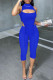 Peacock Blue Fashion Sexy Solid Hollowed Out Asymmetrical Half A Turtleneck Sleeveless Two Pieces