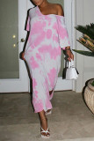 Pink Celebrities Off The Shoulder 3/4 Length Sleeves O neck Step Skirt Mid-Calf Print bandage Tie and dye hollow out Dresses