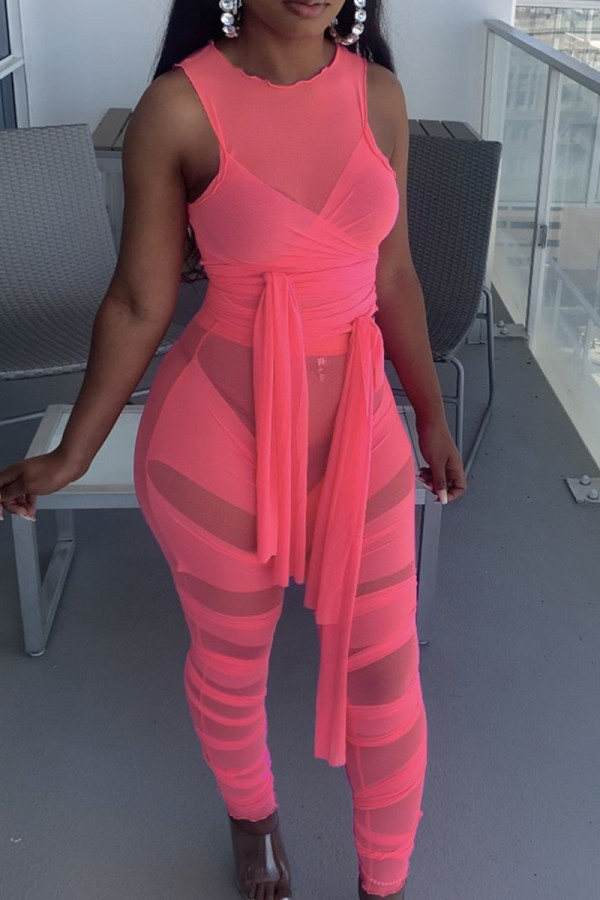 Rose Red Fashion Sexy Solid Hollowed Out See-through O Neck Two Pieces