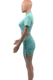 Green Casual Solid Hollowed Out Half A Turtleneck Short Sleeve Two Pieces