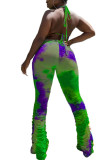 Purple and green Fashion Sexy adult Ma'am Print Tie Dye Draped Two Piece Suits Straight Sleeveless Two Pieces