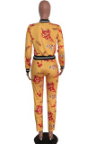 Golden Yellow Casual Print Patchwork O Neck Long Sleeve Two Pieces