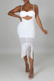 White Sexy Solid Tassel Hollowed Out Backless Spaghetti Strap Sleeveless Dress