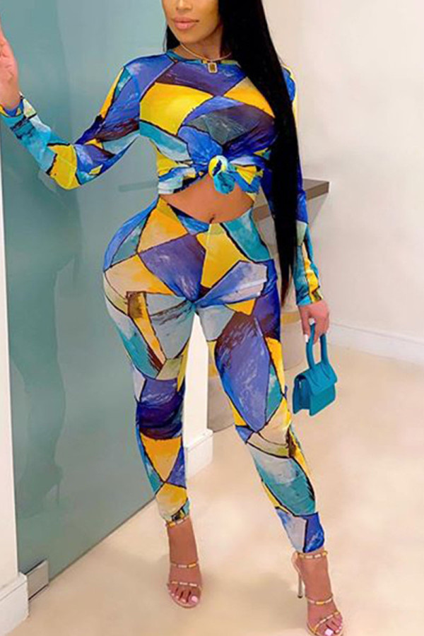 Blue Casual Print O Neck Long Sleeve Two Pieces