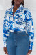 Blue White Sexy Print Bandage Patchwork Mandarin Collar Tops