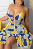 Yellow Blue Sexy Print Bandage Hollowed Out Patchwork Backless Flounce Halter A Line Dresses