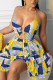 Yellow Blue Sexy Print Bandage Hollowed Out Patchwork Backless Flounce Halter A Line Dresses