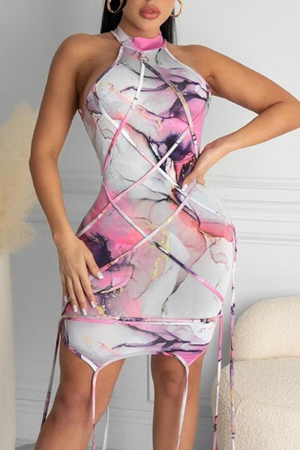 White Sexy Print Draw String Half A Turtleneck Pencil Skirt Dresses