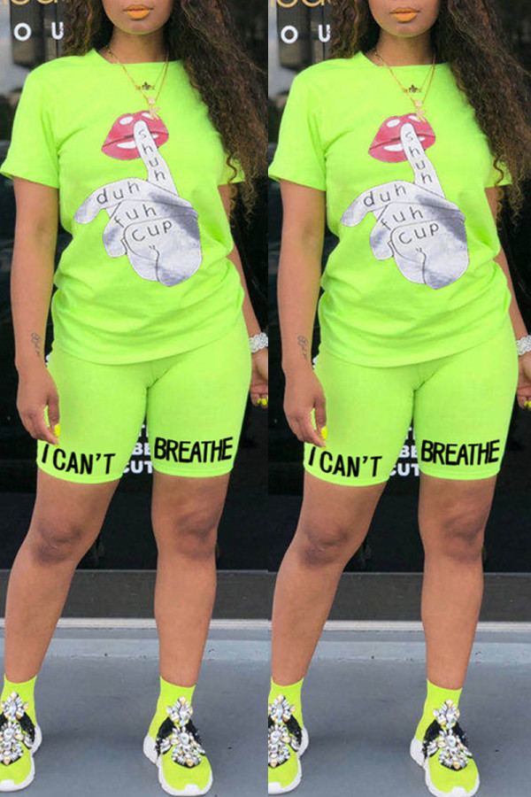 Fluorescent Color Fashion Casual Print Basic Short Sleeve Two Pieces