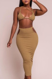 Khaki Sexy Solid Hollowed Out Patchwork Frenulum Backless Spaghetti Strap Sleeveless Two Pieces