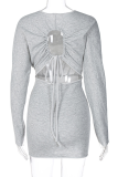 Grey Sexy Solid Patchwork O Neck Wrapped Skirt Dresses