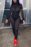 Red Fashion Sexy Solid Hollowed Out See-through Turtleneck Long Sleeve Two Pieces