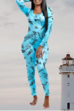 Blue Sexy Print Patchwork O Neck Skinny Jumpsuits