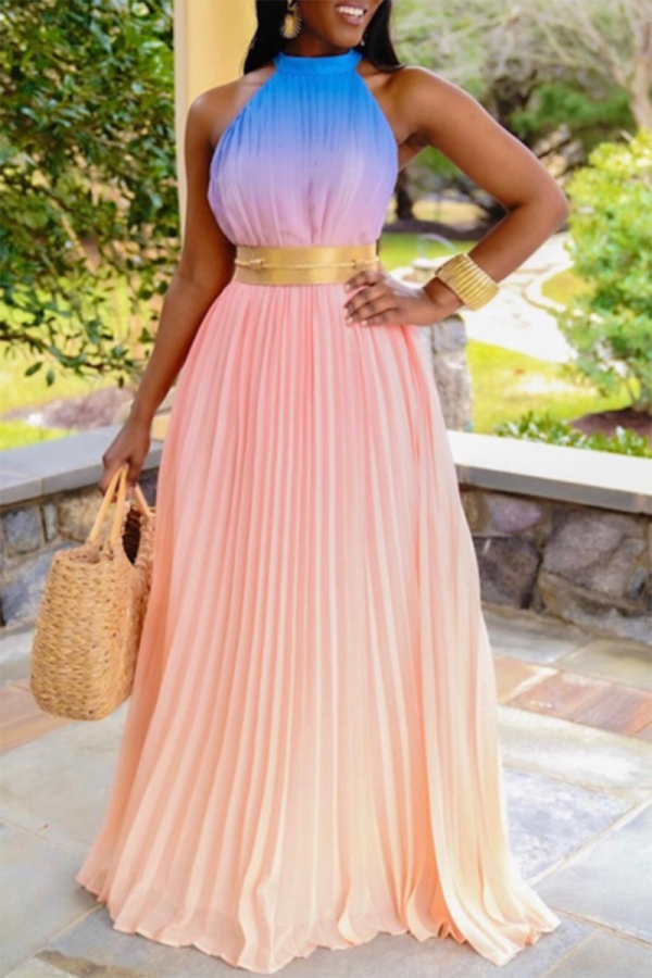 Pink Casual Gradual Change Patchwork Halter Cake Skirt Dresses