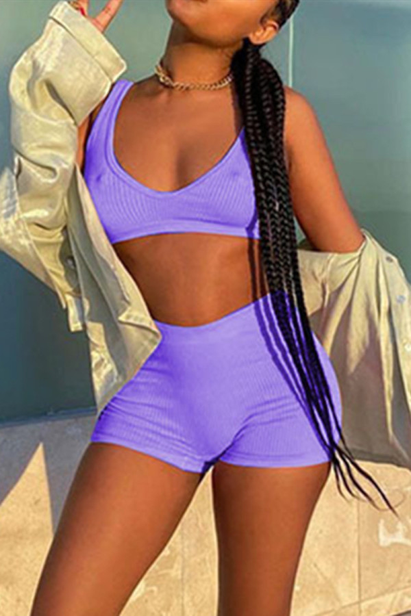 Purple Casual Sportswear Solid Basic U Neck Sleeveless Two Pieces