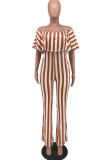 Blue Fashion Casual Striped Print Backless Off the Shoulder Regular Jumpsuits