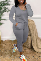 Grey Casual Solid Patchwork O Neck Skinny Jumpsuits