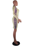 Purple Casual Print Split Joint Turtleneck Wrapped Skirt Dresses