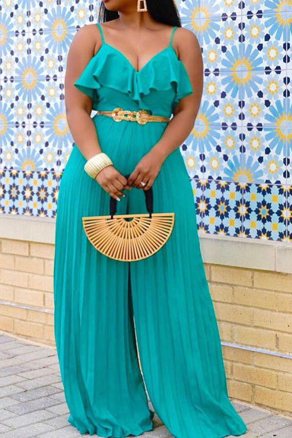 Green Casual Solid Patchwork Spaghetti Strap Straight Jumpsuits