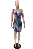 Multicolor Sexy Print Hollowed Out Backless One Shoulder Sleeveless Dress