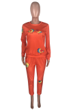 Tangerine Red Sexy Print Patchwork O Neck Long Sleeve Two Pieces