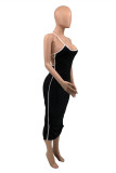 Black Fashion Sexy Solid Backless Slit Spaghetti Strap Long Dress