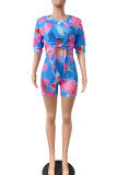 Red Casual Tie Dye Bandage Patchwork O Neck Half Sleeve Two Pieces