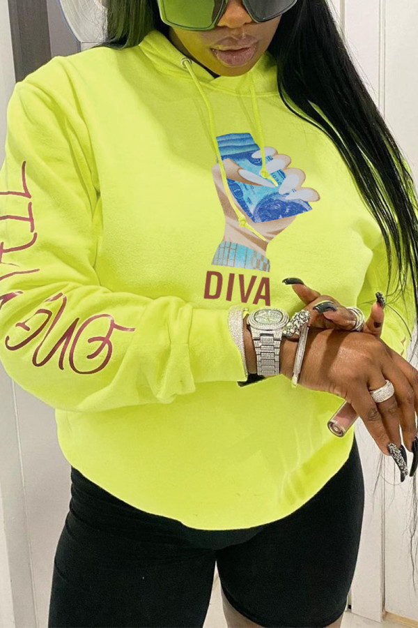 Yellow Street Letter Hooded Collar Tops