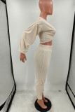 Beige Fashion Casual Solid Basic V Neck Long Sleeve Two Pieces