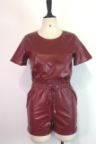 Purplish Red Casual Solid Split Joint O Neck Short Sleeve Two Pieces