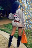 Grey Casual Print Letter O Neck Tops