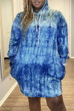 Blue Fashion Street Adult Healthy Fabric Print Tie-dye Hooded Collar Printed Dress Plus Size 
