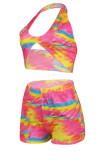 Pink Sexy Print Patchwork Backless Halter Sleeveless Two Pieces