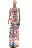 White Sexy Print Patchwork O Neck Loose Jumpsuits