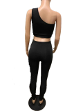Black Casual Solid Split Joint One Shoulder Sleeveless Two Pieces