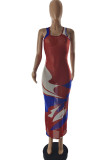 Red Fashion Sexy Print See-through O Neck Vest Dress