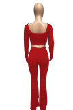 Red Fashion Casual Solid Draw String V Neck Long Sleeve Two Pieces