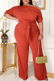 Watermelon Red Fashion Casual Solid Backless With Belt Oblique Collar Plus Size Jumpsuits
