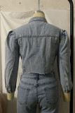 Light Blue Street Solid Turndown Collar Half Sleeve Denim