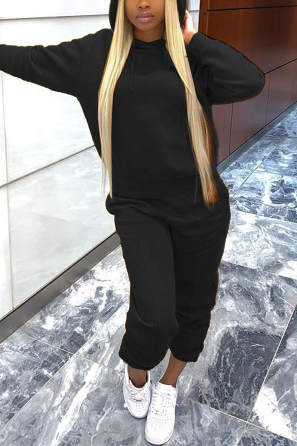 Black Casual Solid Patchwork Hooded Collar Long Sleeve Two Pieces