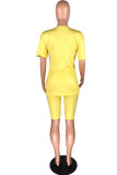 Yellow Fashion Casual Print Basic O Neck Half Sleeve Two Pieces