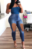Light Blue Fashion Casual Solid Ripped High Waist Regular Jeans