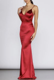 Red Fashion Sexy Solid Backless Spaghetti Strap Evening Dress