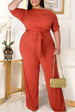 Rose Red Fashion Casual Solid Backless With Belt Oblique Collar Plus Size Jumpsuits