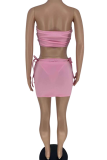 Pink Sexy Print Patchwork Off the Shoulder Sleeveless Two Pieces